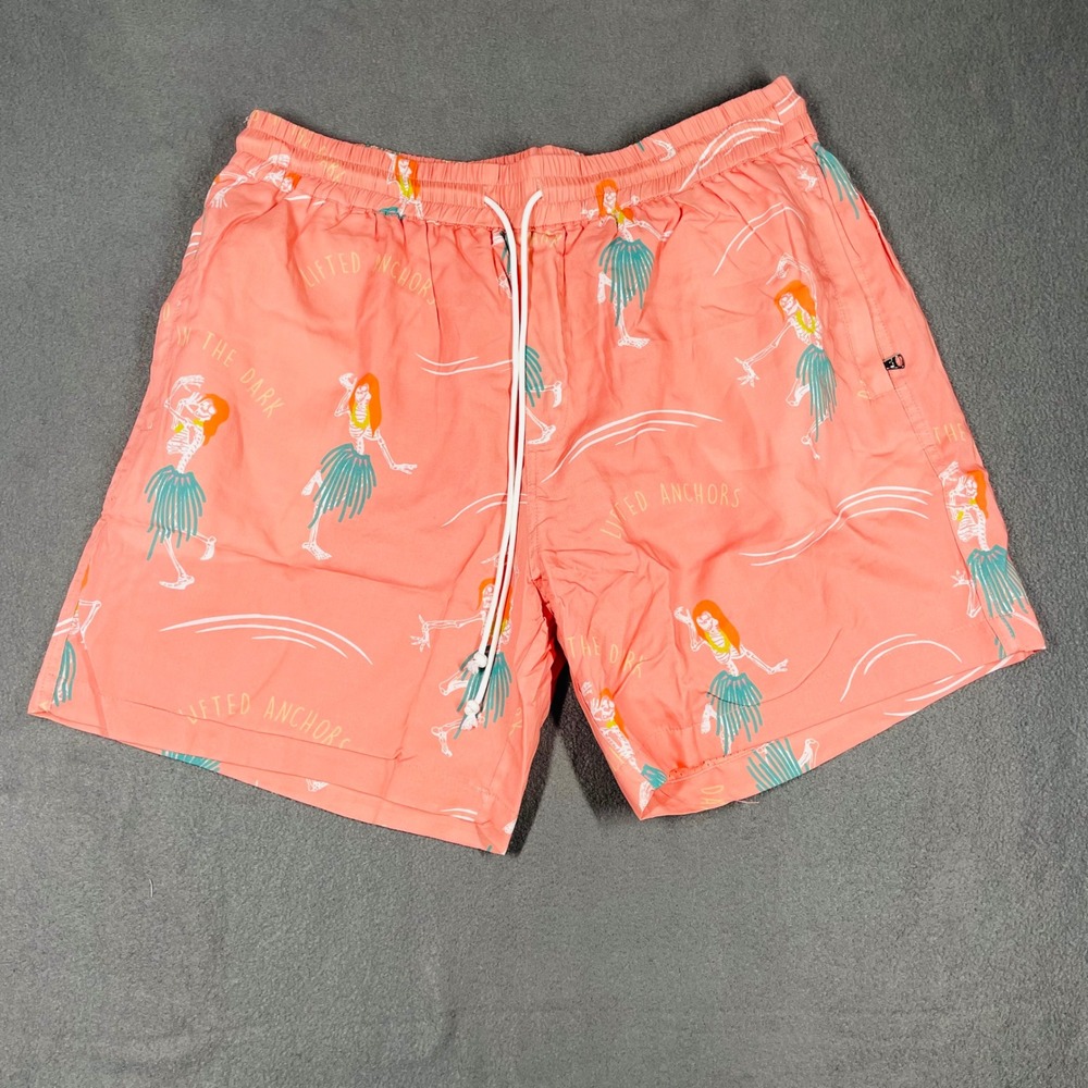 NWT Lifted Anchors Skeleton Hula Swim Trunks Large Coral Tropical Graphic Shorts
